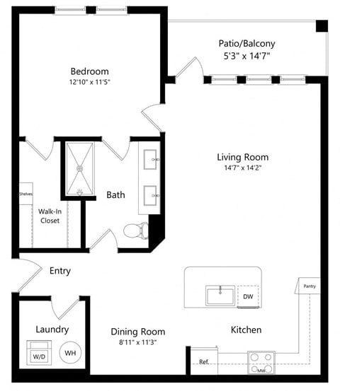 Floor plan for 1 bed, 1 bath, 951 sqft